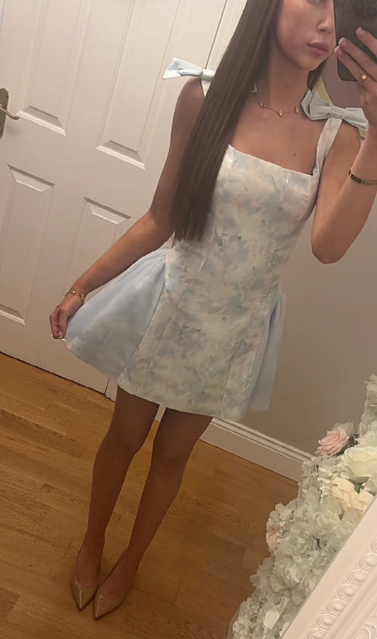 VANESSA - Blue Bow Shoulder Floral Dress