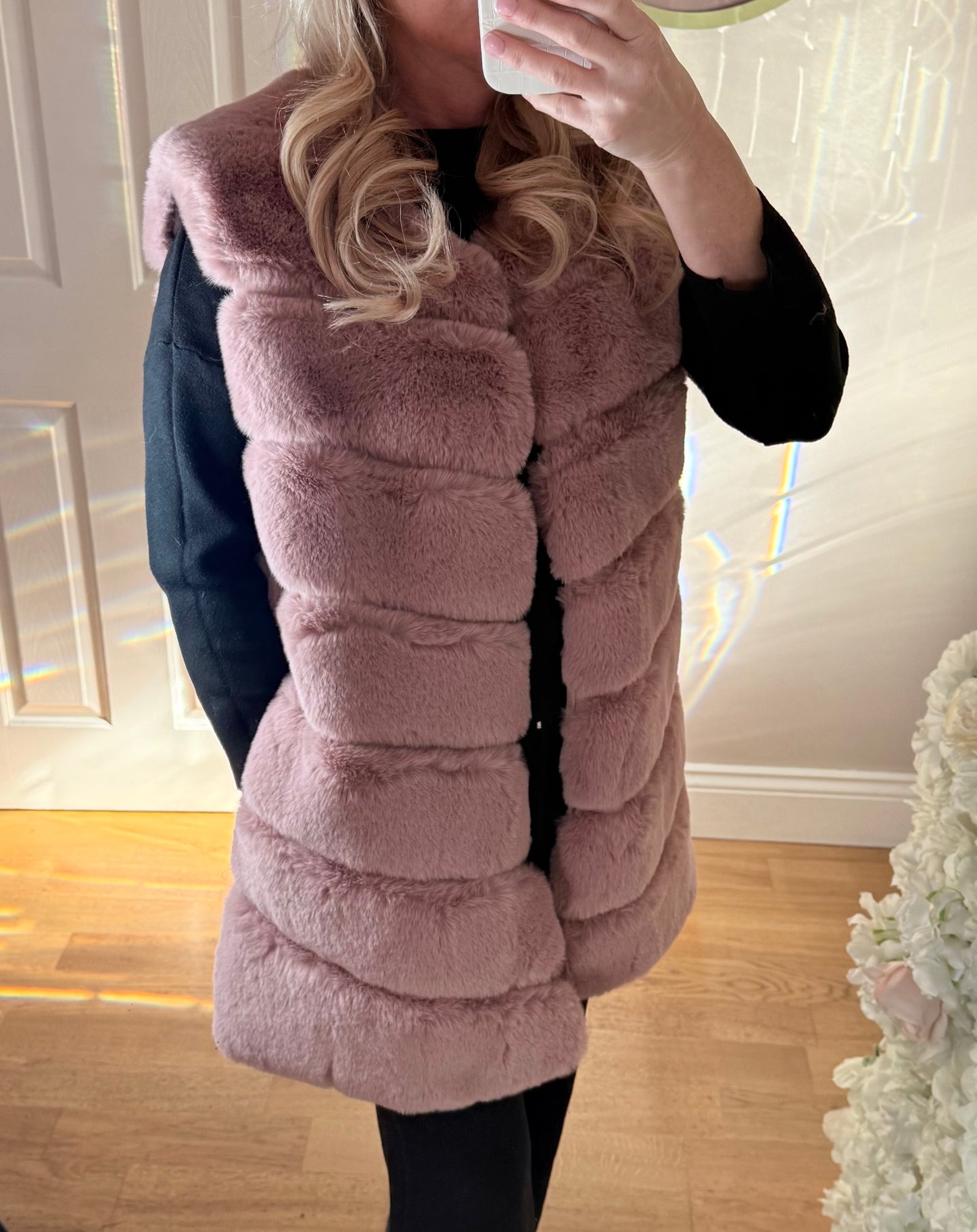 Pink Faux Fur Long Line Gilet With Pockets - One size upto 16