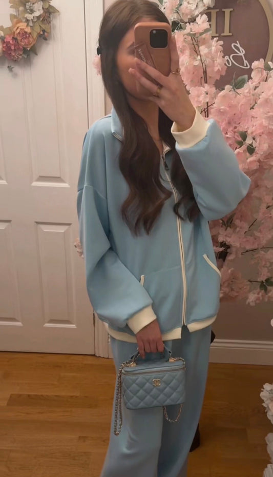 Honey Tracksuit - Wide Collar Two-Piece Set with Yellow Trim | Pink & Blue