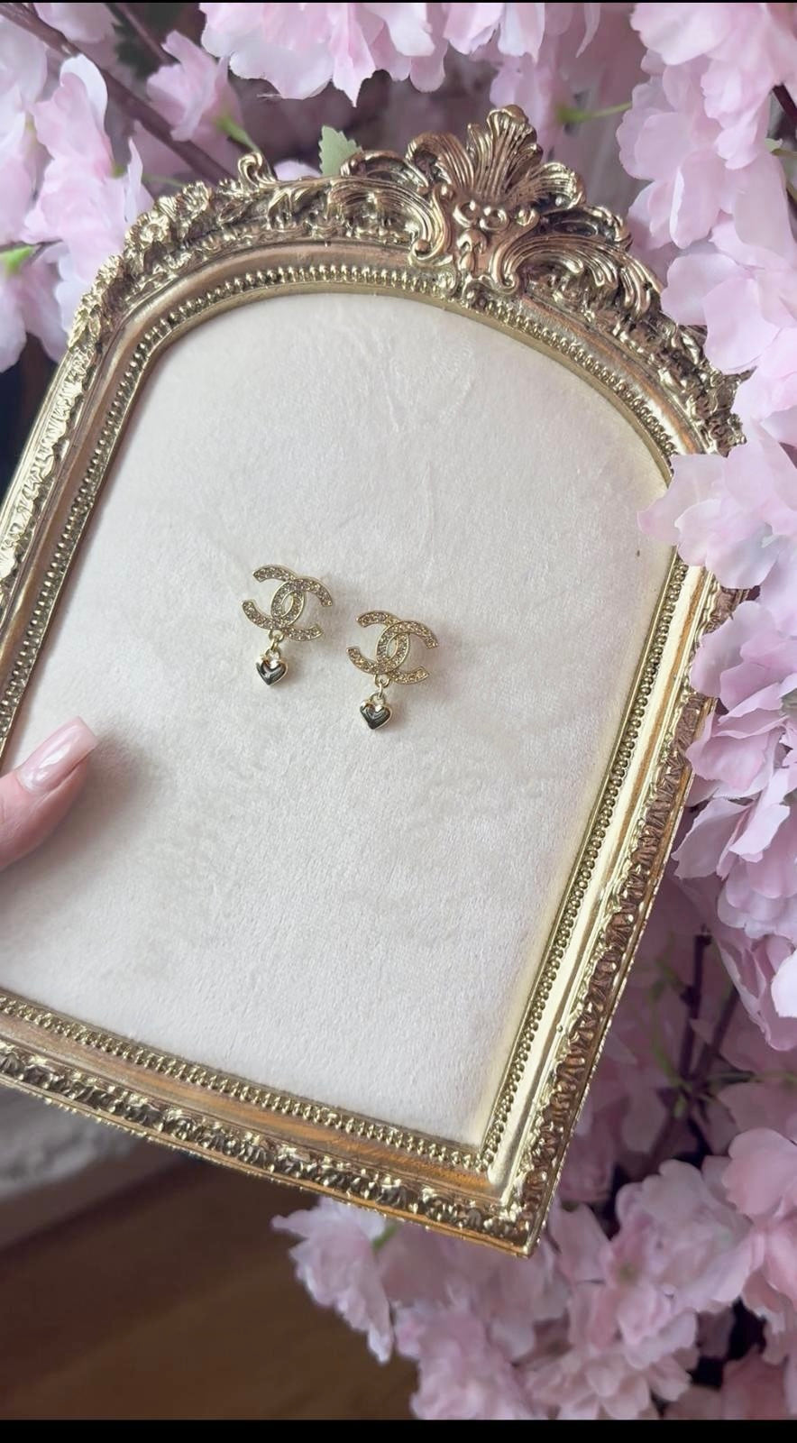 Gold Heart C Earrings - Diamonte Drop Earrings