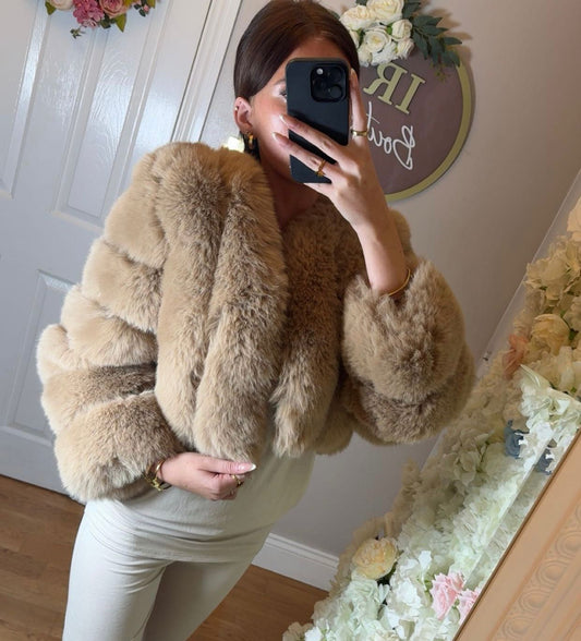 Beige Faux Fur Vertical Style Jacket