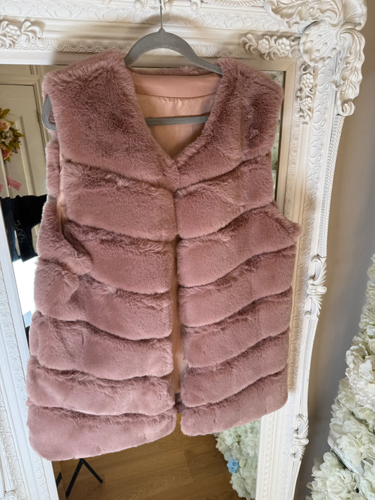 Pink Faux Fur Long Line Gilet With Pockets - One size upto 16