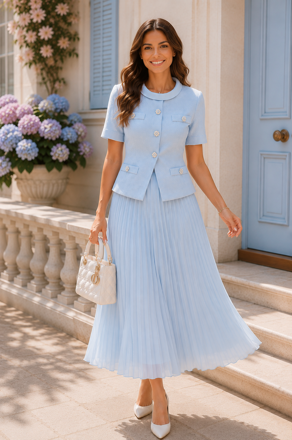 MAISIE - Blue Textured Luxurious Midi Skirt Suit With Pleated Skirt