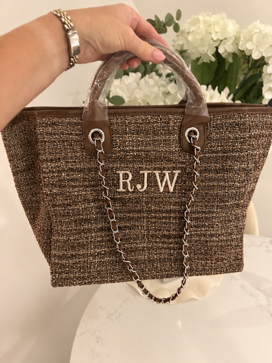 Personalised Embroidered Brown Tweed Tote Bag