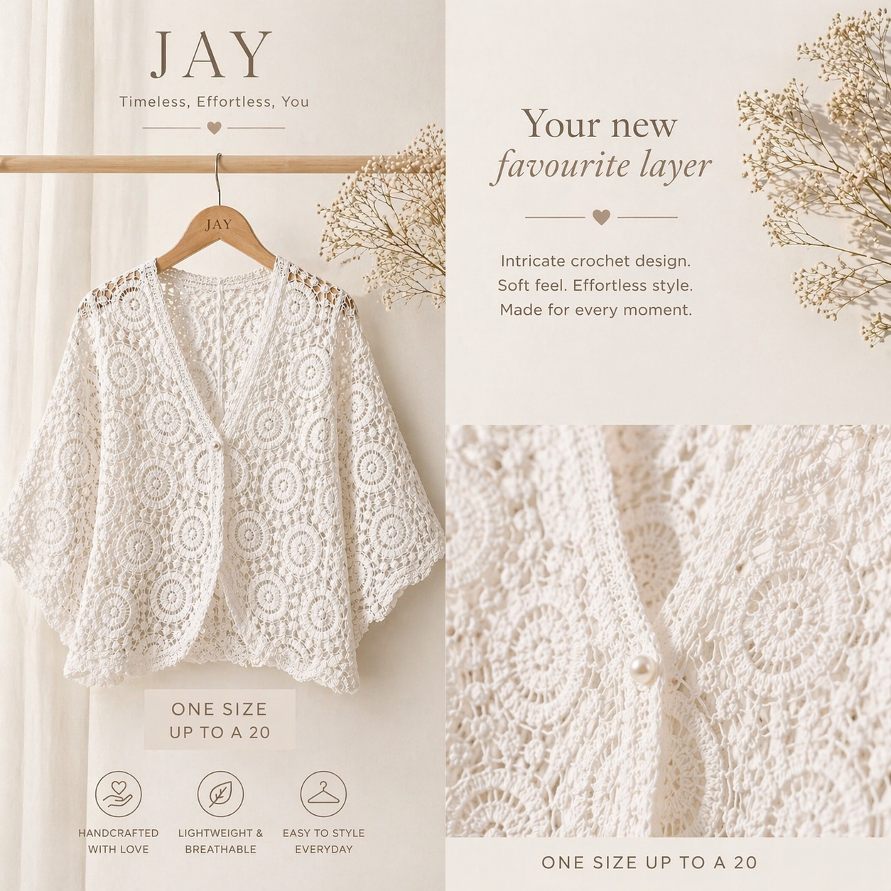 JAY - Crochet Cardigan - one size upto 16/18