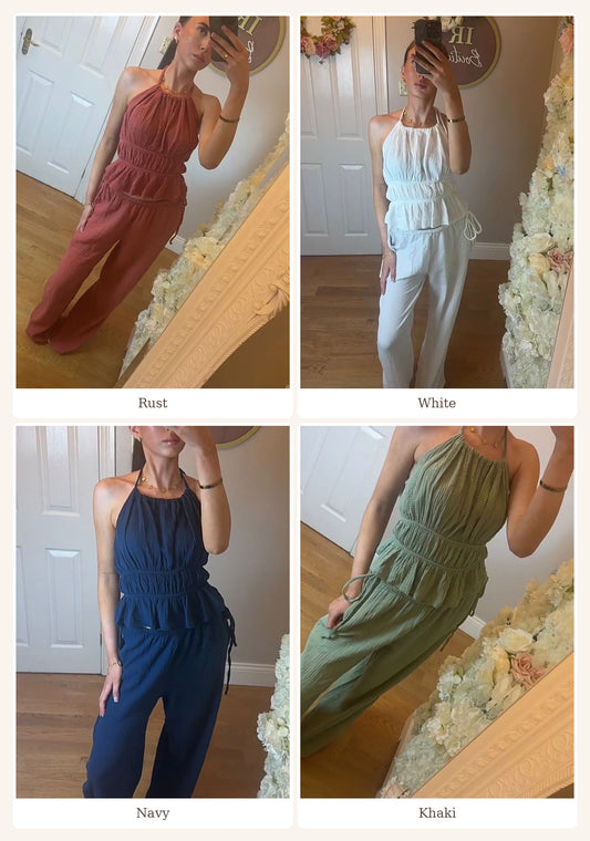 JENNIFER - Halter-neck and ruffle cheese cloth trouser co-ord - 7 Colours