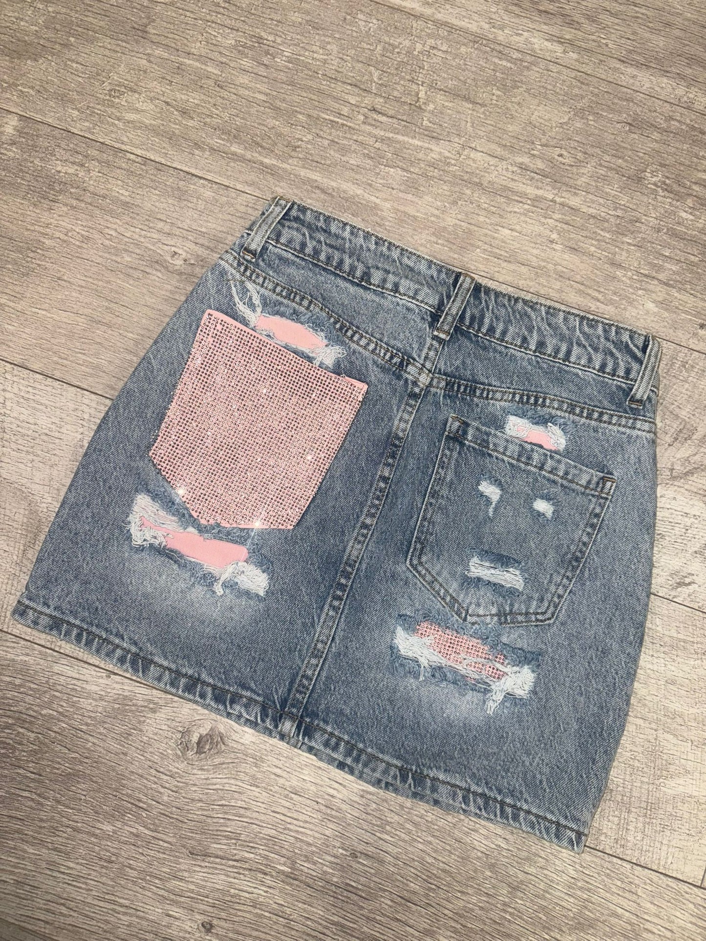 CRYSTAL - Diamonte Pocket Distressed Denim Mini Skirt