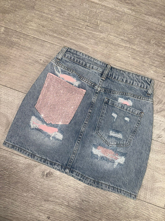 CRYSTAL - Diamonte Pocket Distressed Denim Mini Skirt