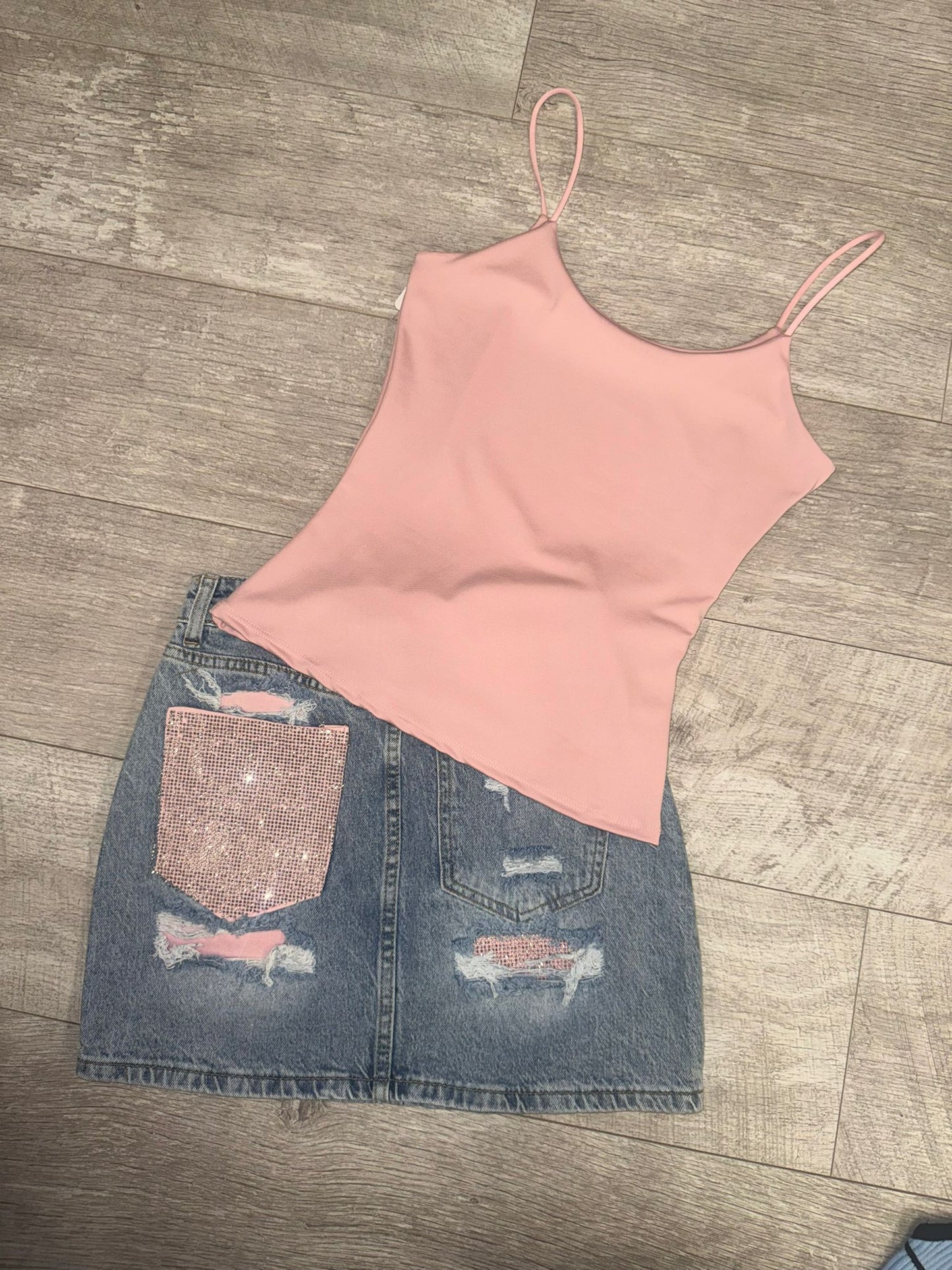 CRYSTAL - Diamonte Pocket Distressed Denim Mini Skirt