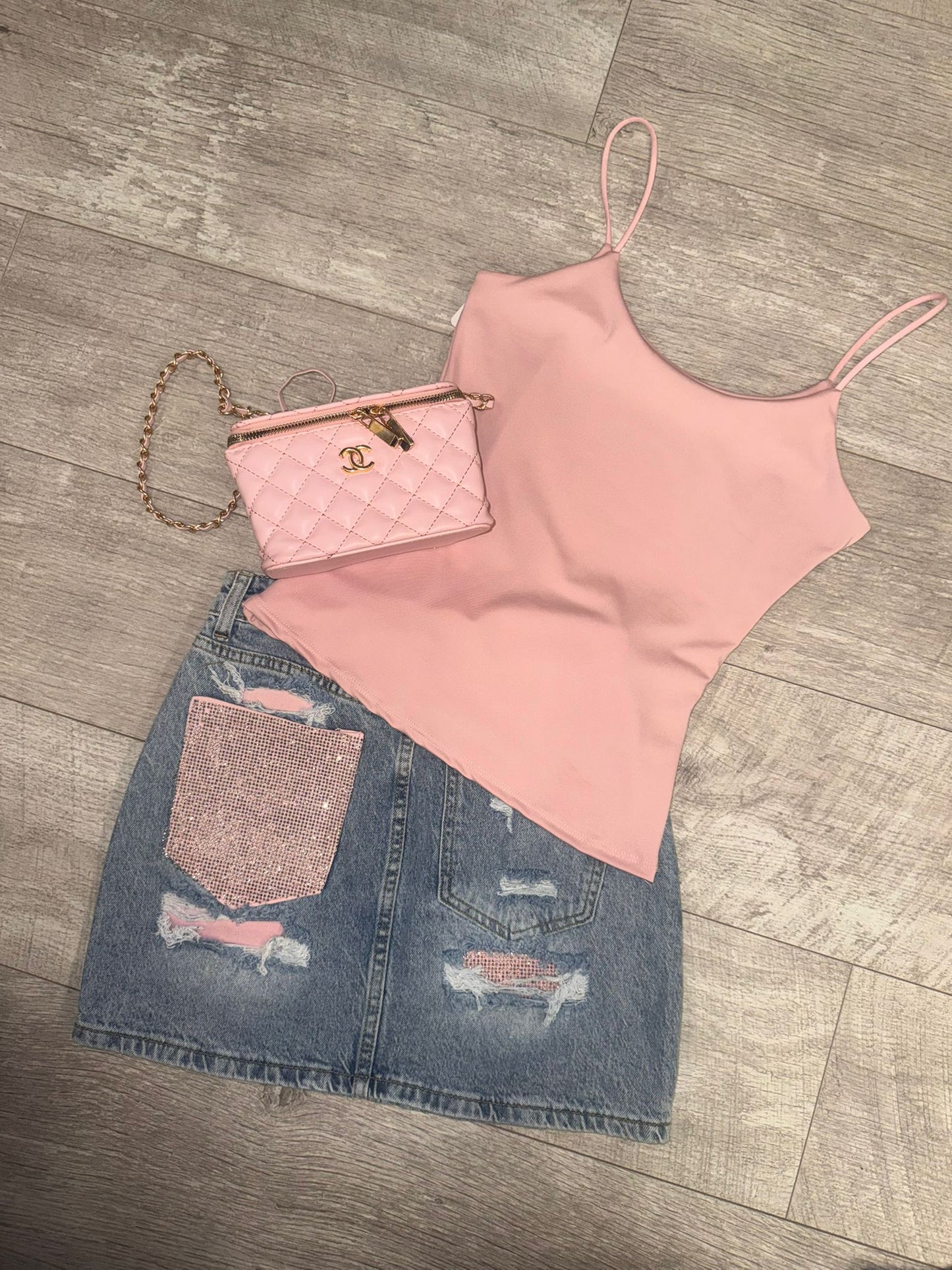 CRYSTAL - Diamonte Pocket Distressed Denim Mini Skirt