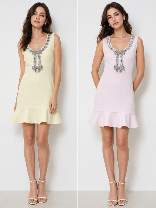 MONROE- Embellished Bow Peplum Hem Dress