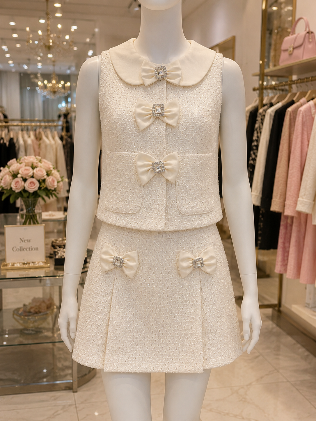 GRACE - Cream diamond and bow luxury tweed skirt co-ord