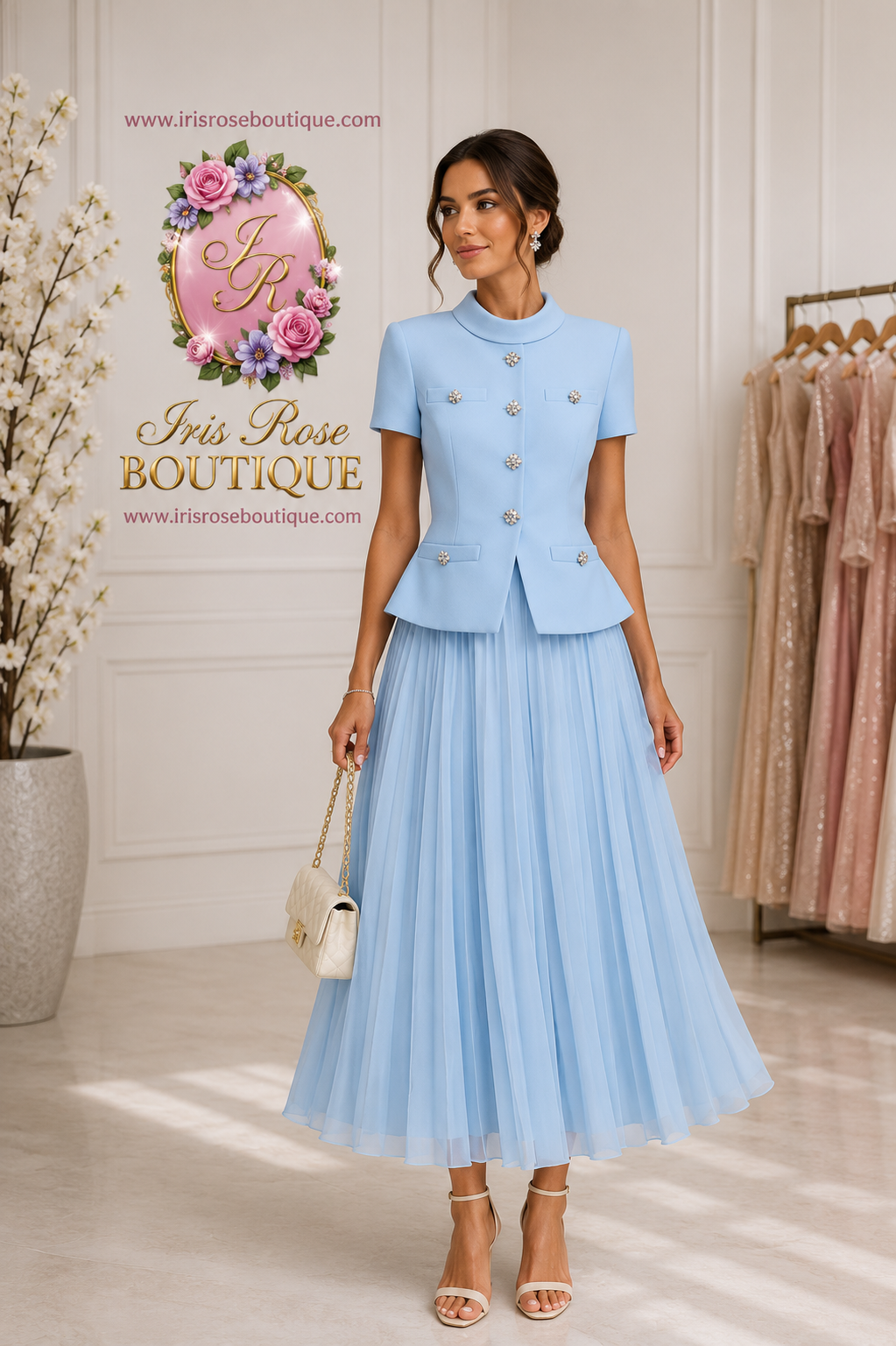 MAISIE - Blue Textured Luxurious Midi Skirt Suit With Pleated Skirt