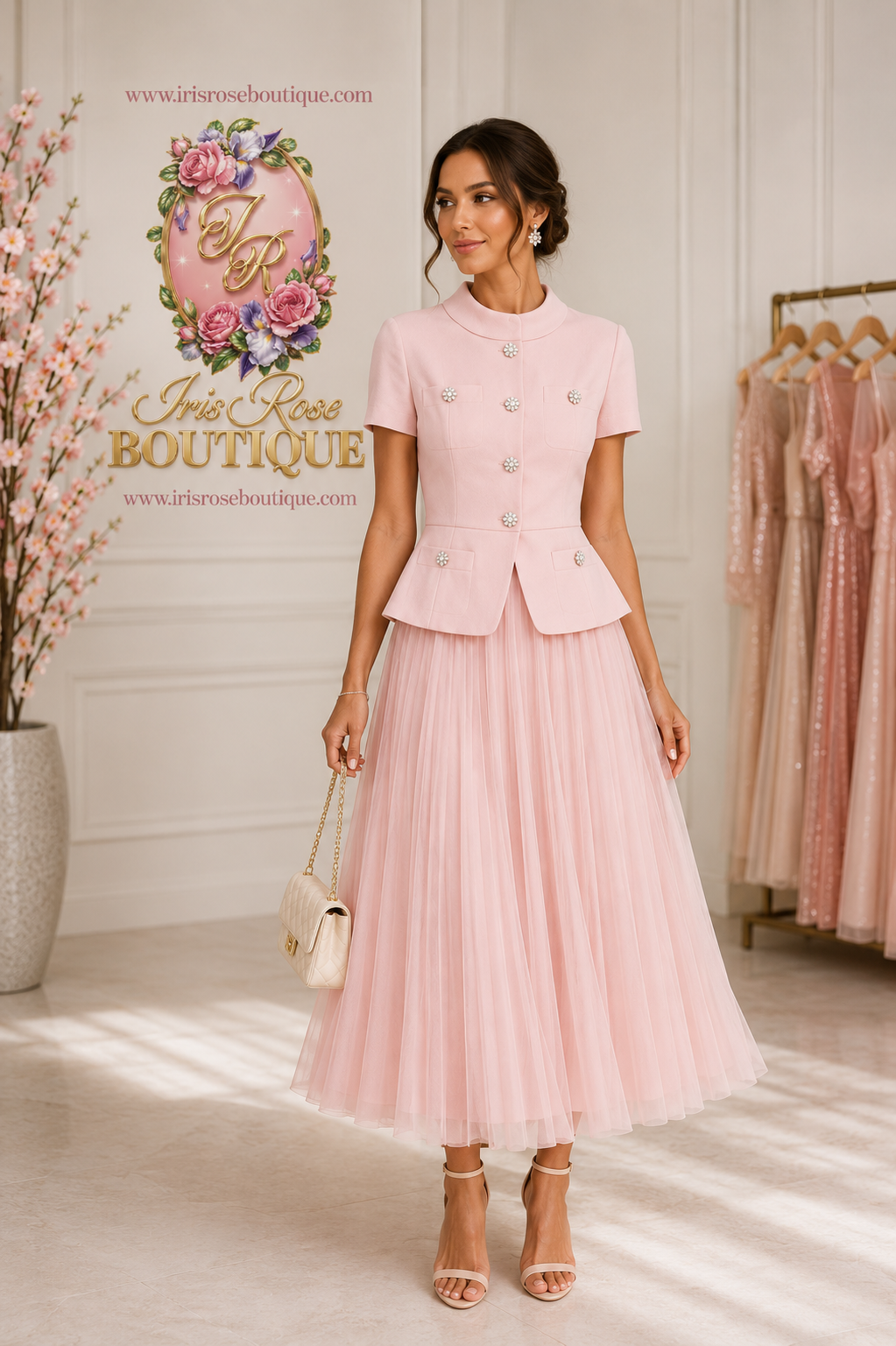 MAISIE - Pink Textured Luxurious Midi Skirt Suit With Pleated Skirt