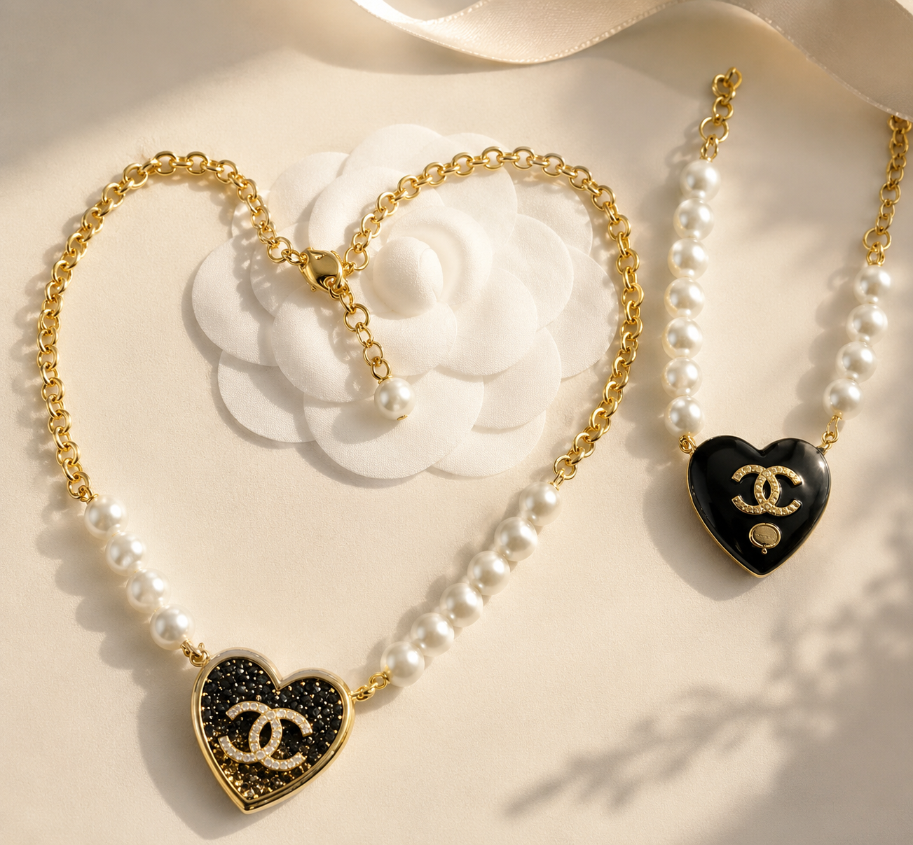 Heart Diamonte Necklace with Pearls and Gold Chain