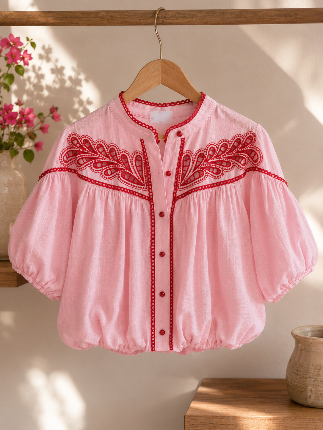 JUNE - Pink Embroidered Button Shirt
