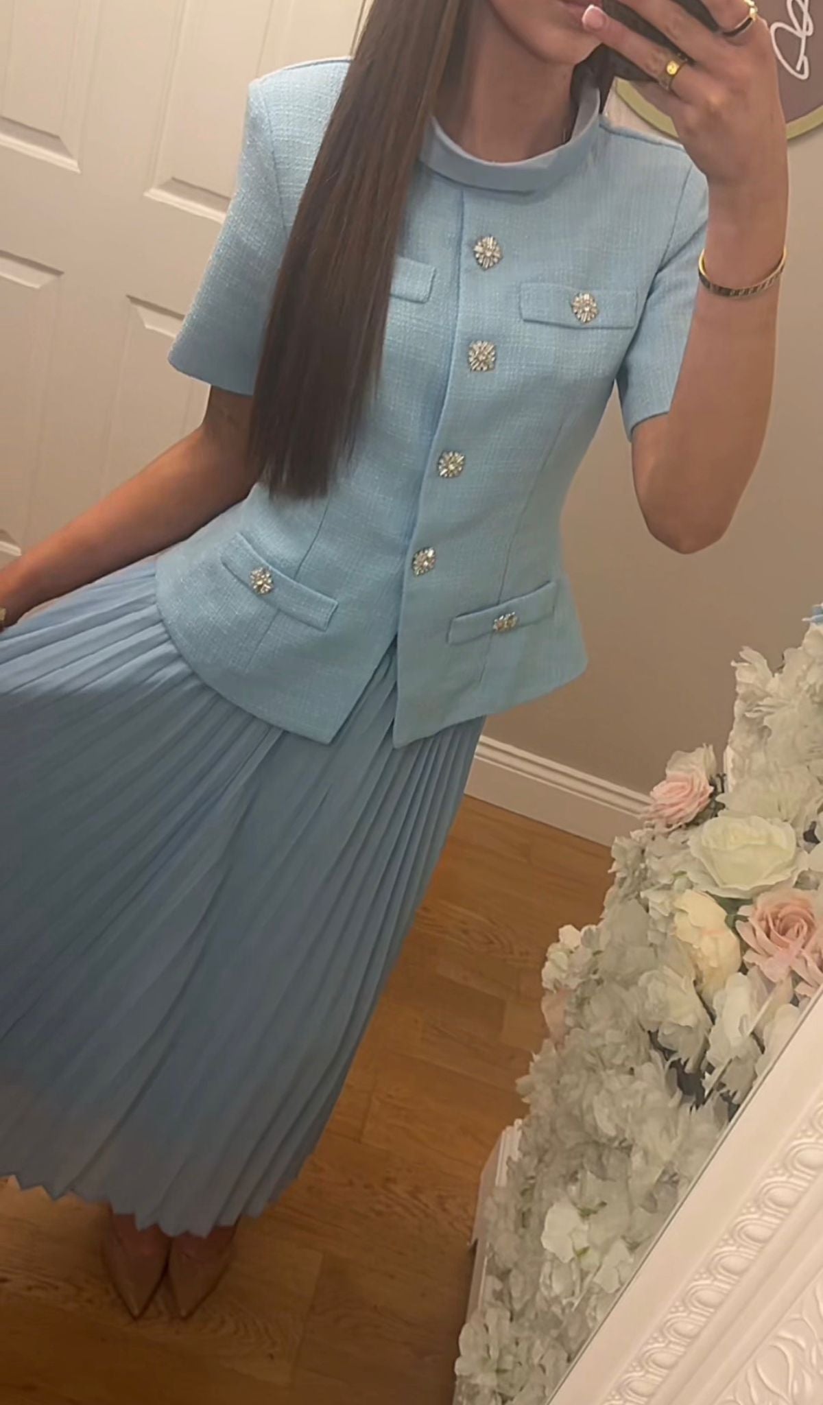 MAISIE - Blue Textured Luxurious Midi Skirt Suit With Pleated Skirt