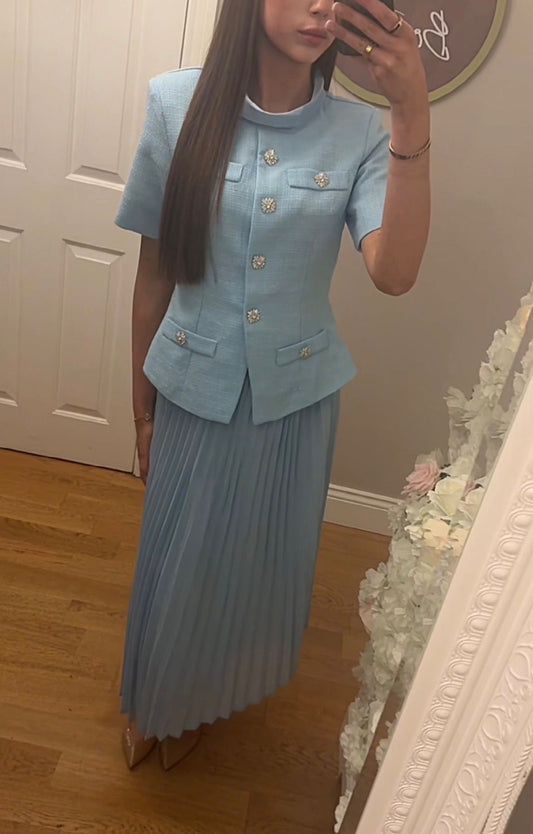 MAISIE - Blue Textured Luxurious Midi Skirt Suit With Pleated Skirt
