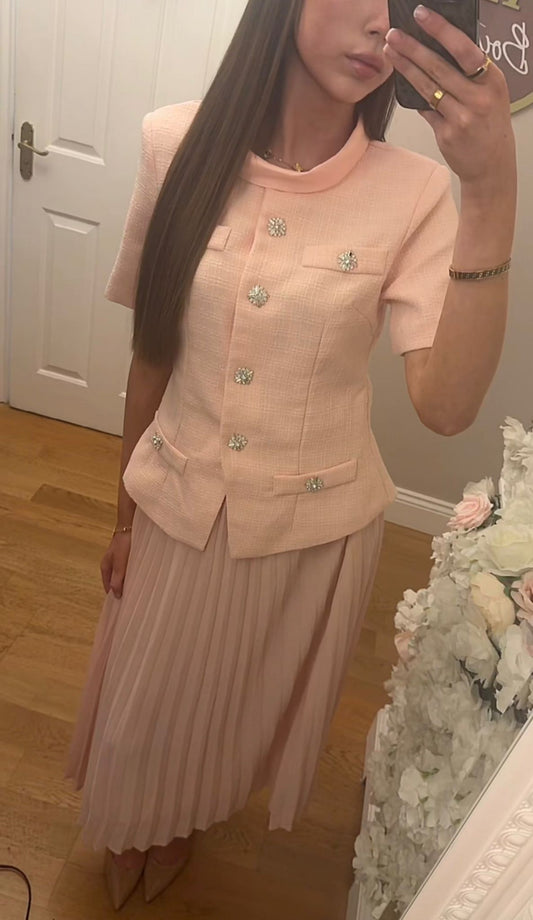 MAISIE - Pink Textured Luxurious Midi Skirt Suit With Pleated Skirt