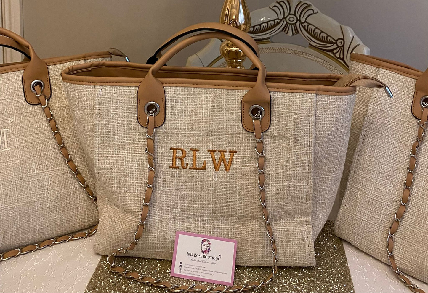 Medium Canvas Personalised Embroidered Tote Bag - TAN TRIM