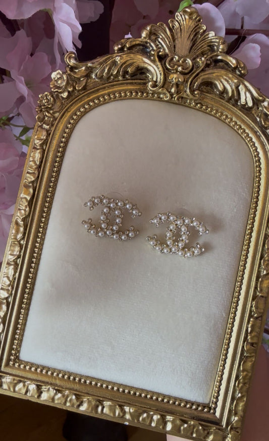 Gold Pearl and Diamonte CC Earrings