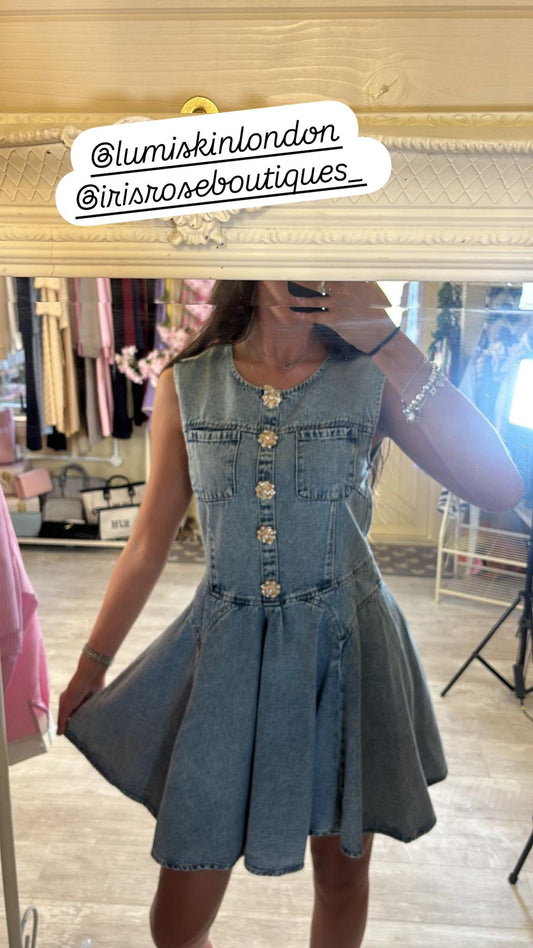 Denim A Line Swing Dress with diamonte Pearl Buttons - size 6-8