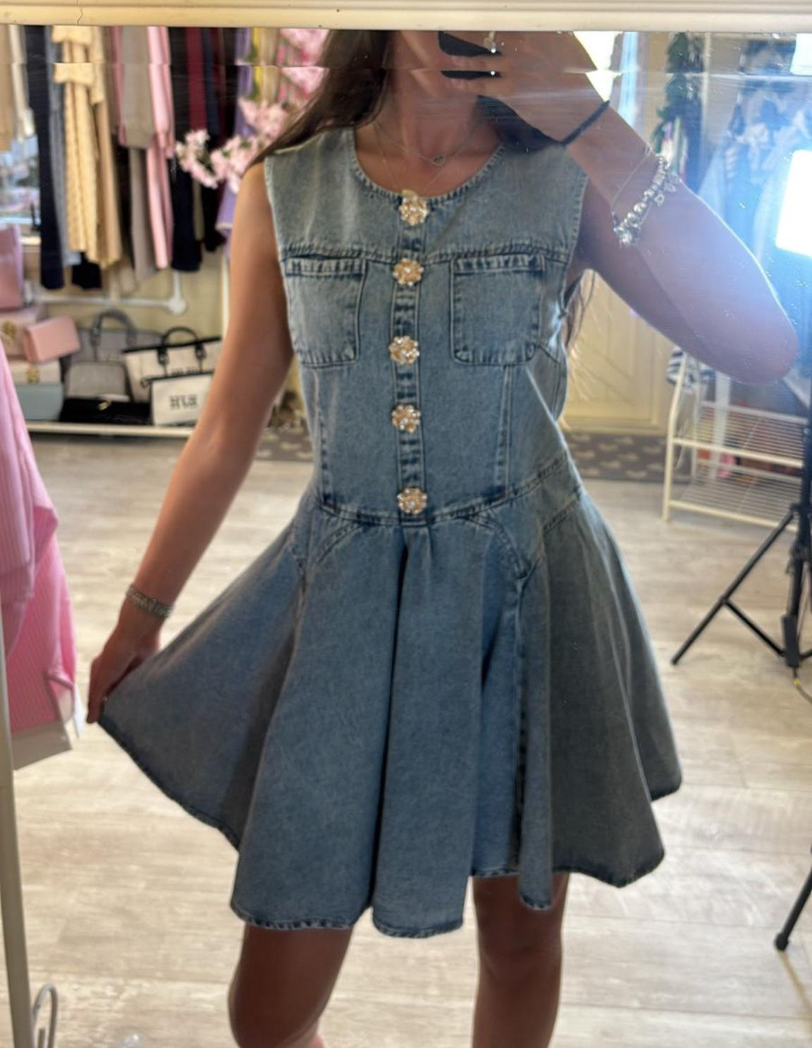 Denim A Line Swing Dress with diamonte Pearl Buttons - size 6-8