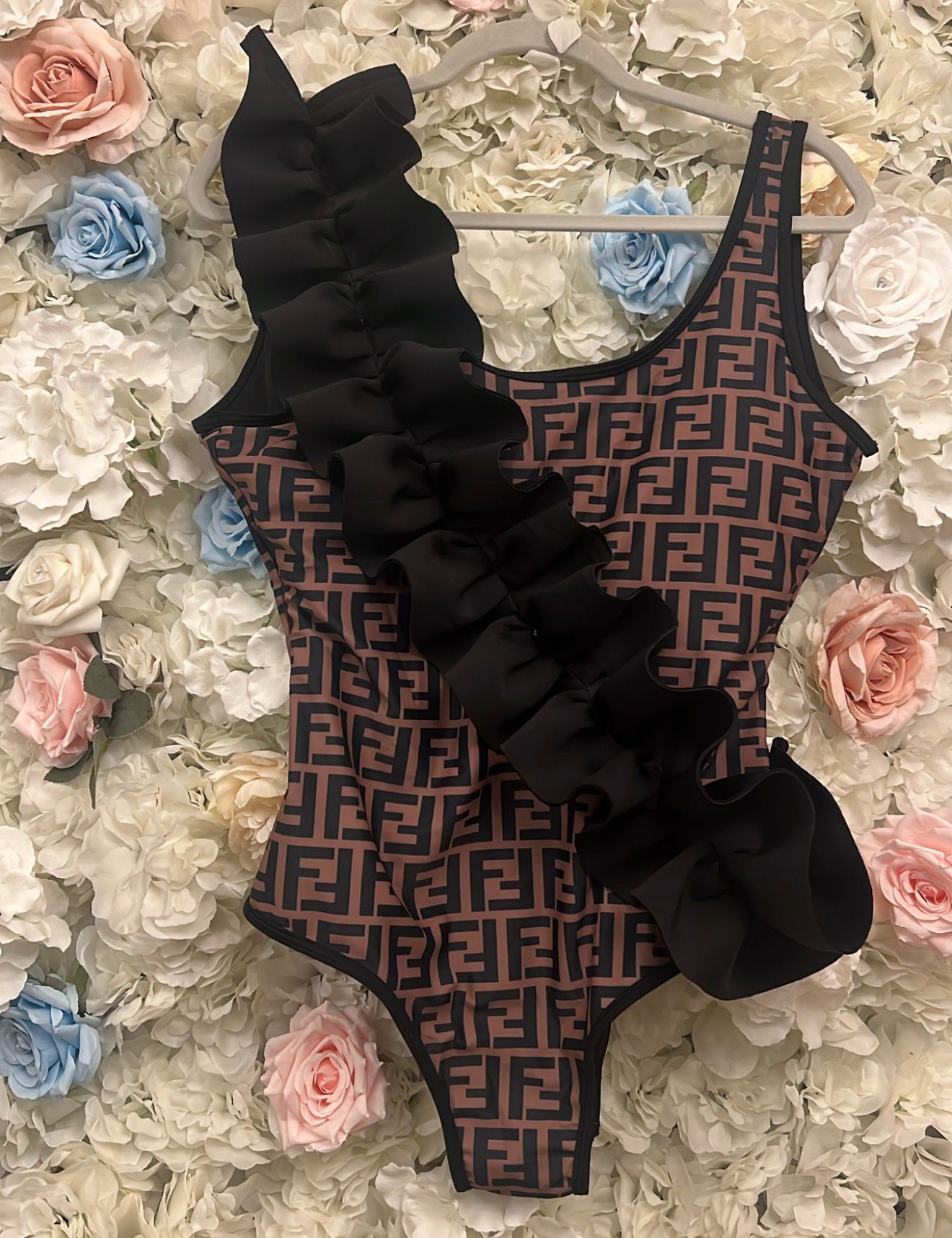 Brown F Swimming Costume - With Ruffles Handmade