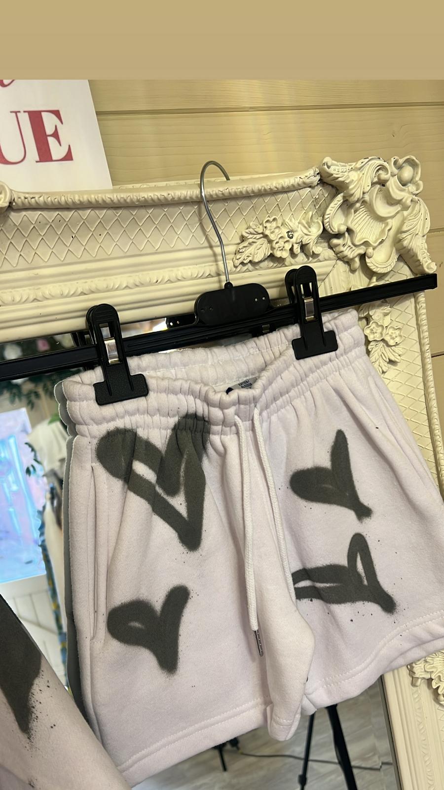 Girls Graffiti Short Co-ord Set White/Grey Heart Design