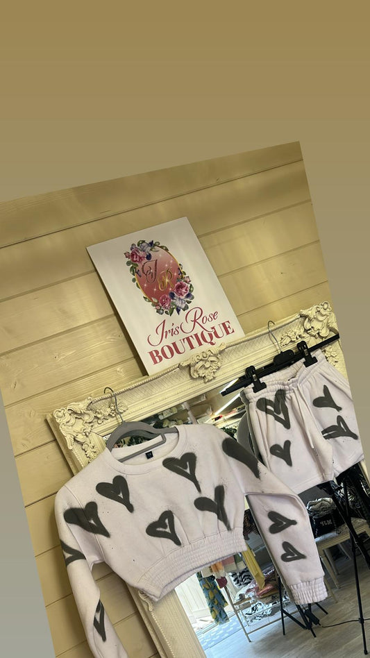 Girls Graffiti Short Co-ord Set White/Grey Heart Design