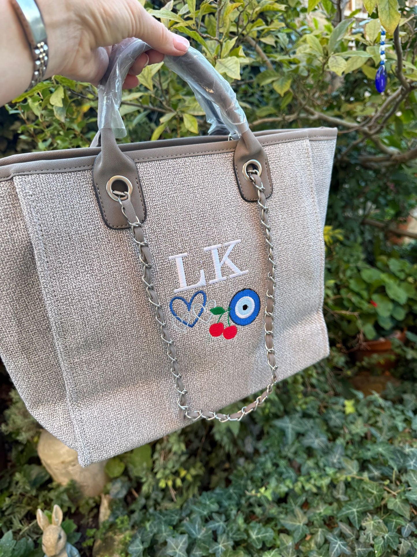 Personalised Grey Tote Bag - Custom Embroidered Initials | Peace/Evil Eye/Cherry