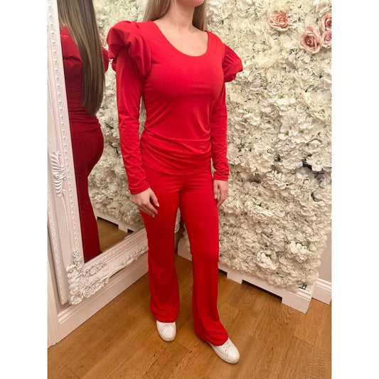 Red Frill Shoulder Lounge Set Co-ord