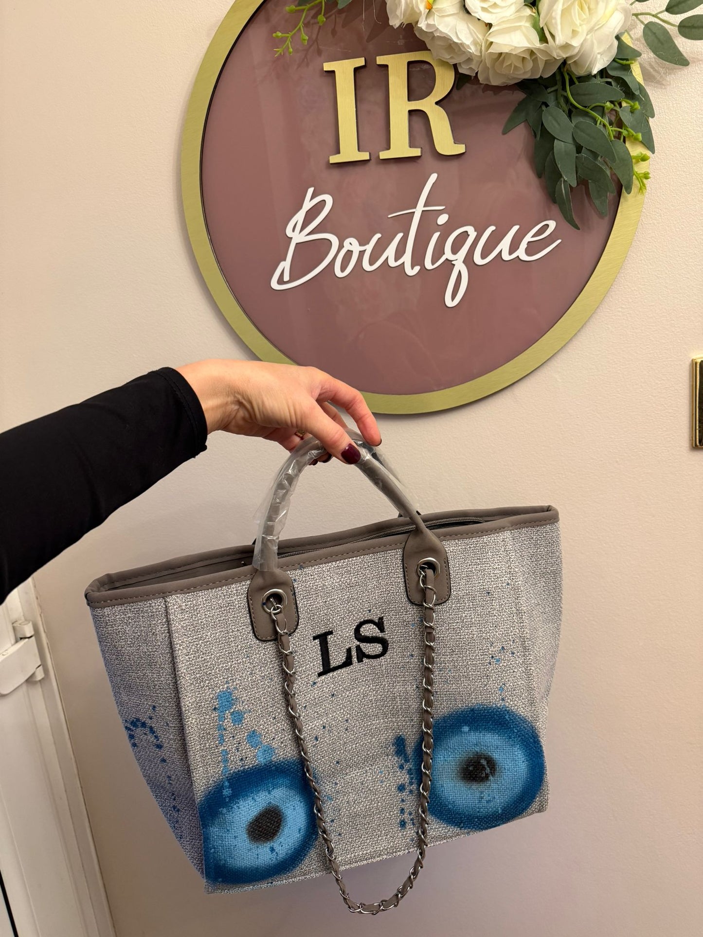 Personalised Grey Tote Bag - Custom Embroidered Initials & Evil Eye Design