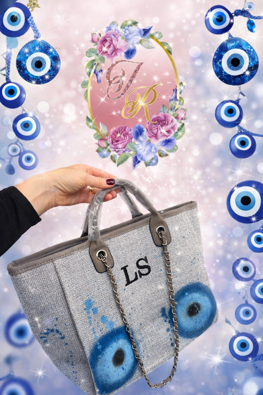 Personalised Grey Tote Bag - Custom Embroidered Initials & Evil Eye Design