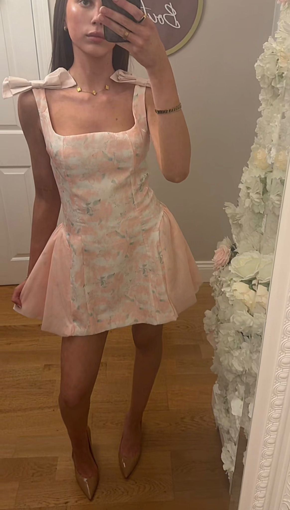 VANESSA - Pink Bow Shoulder Floral Dress