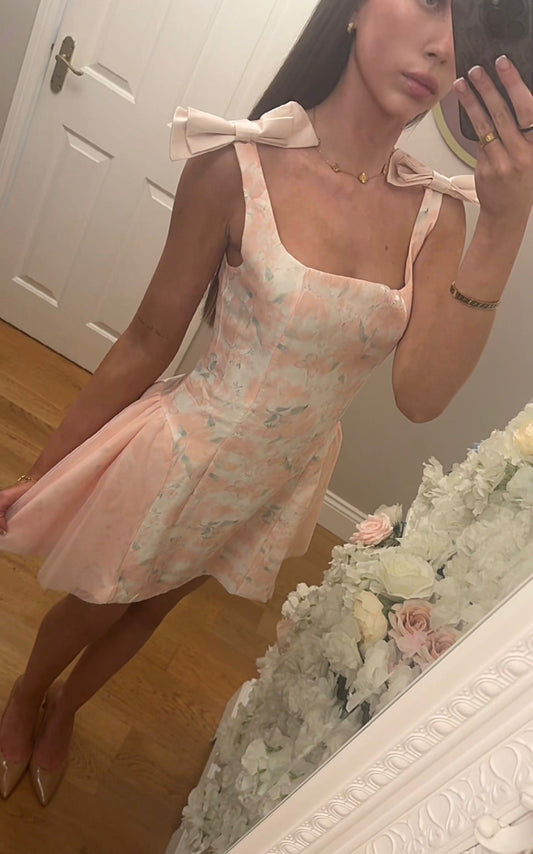 VANESSA - Pink Bow Shoulder Floral Dress