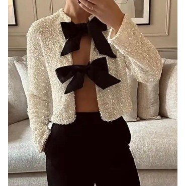 Beige sequin bow tie jacket