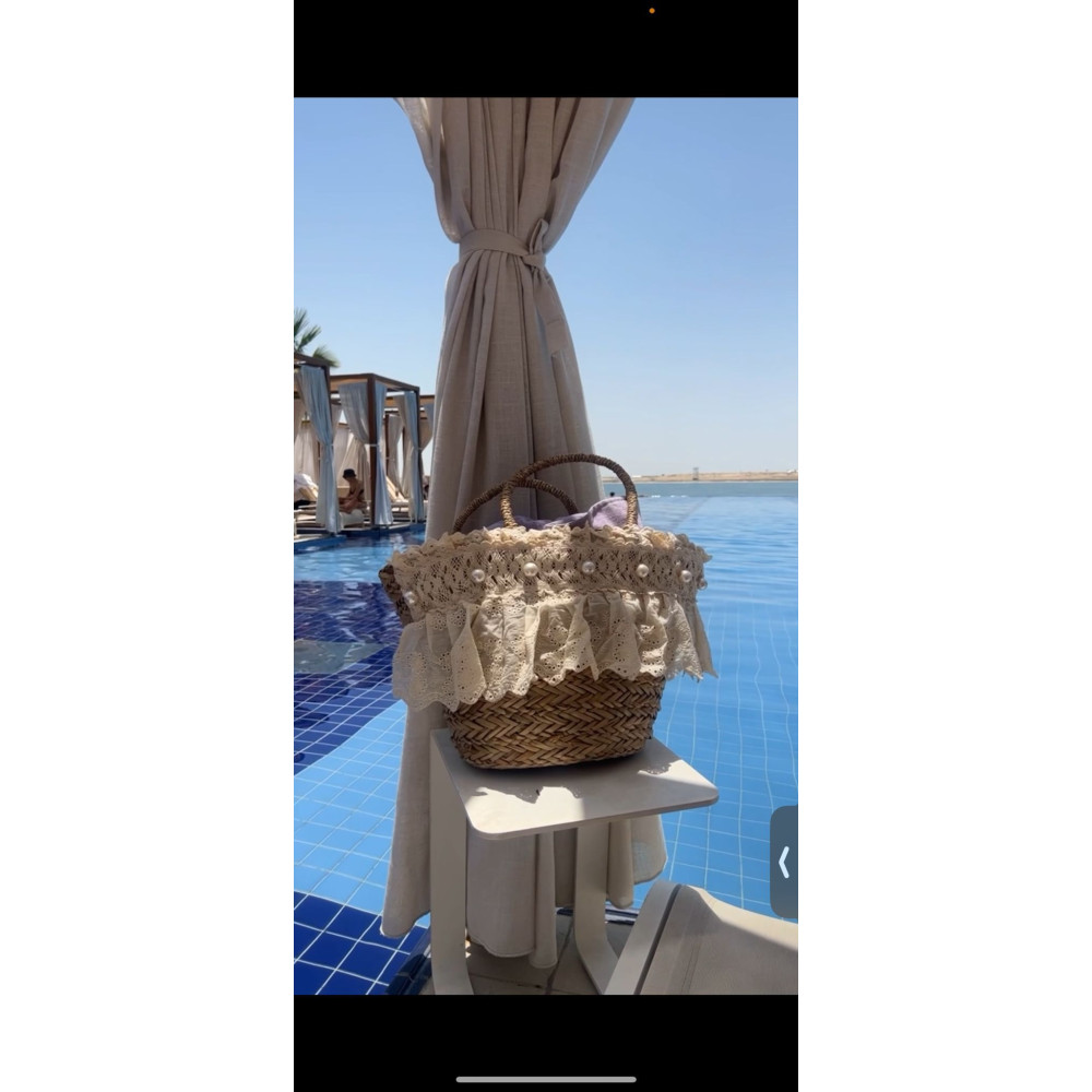 Luxury Pearl and Lace Straw Beach Bag