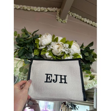 Beige/Black Trim Personalised Embroidered Canvas Clutch Bag / Make Up Bag