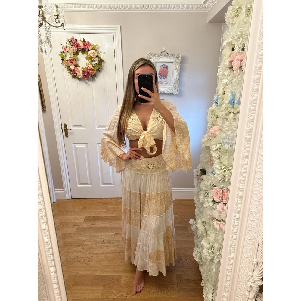 Bella Two Piece Boho Skirt Set - Beige