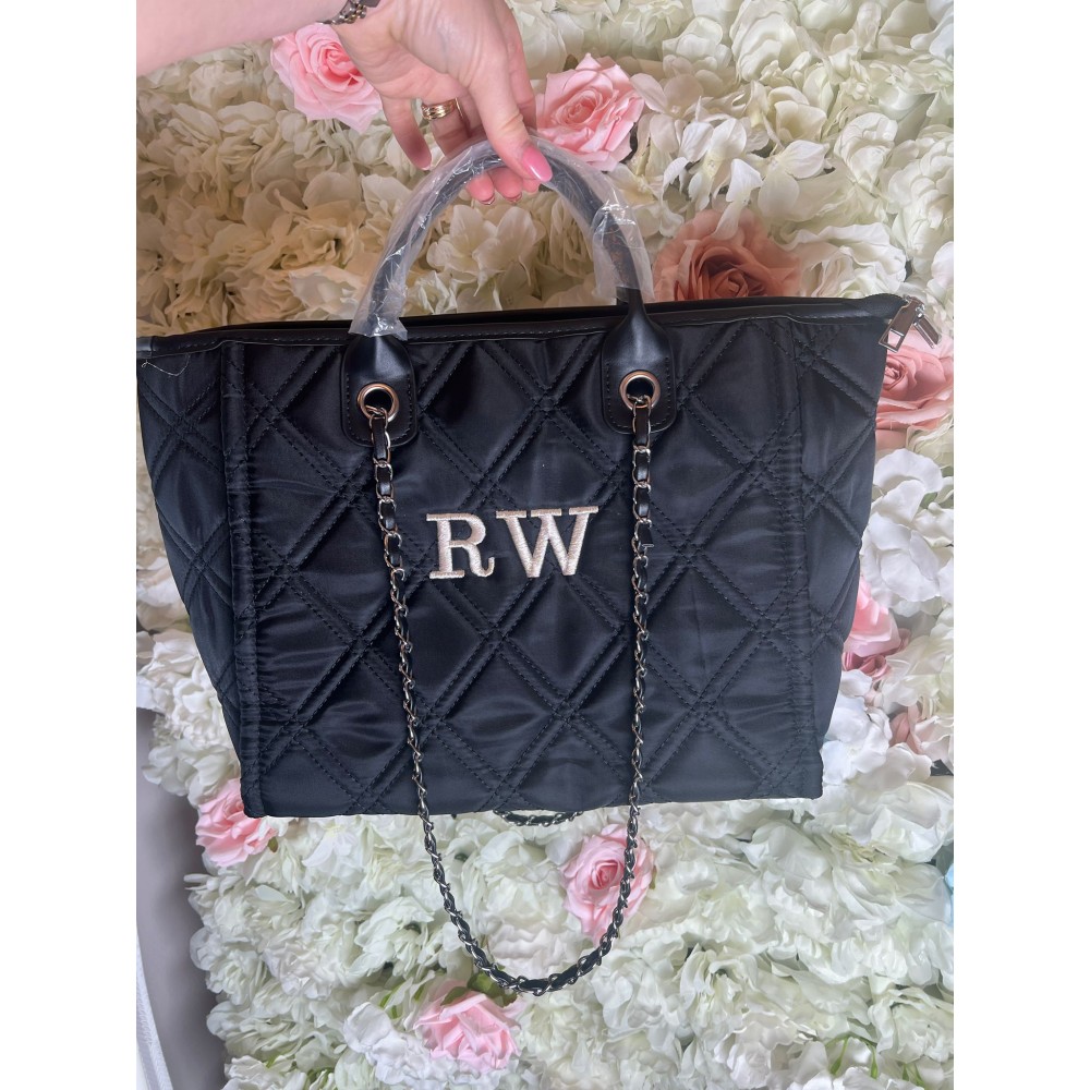 Black Medium Quilted Tote Bag With Silver Chain