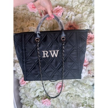 Black Medium Quilted Tote Bag With Silver Chain