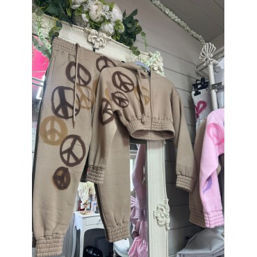 Cropped Graffiti Spray Tracksuit -Peace / Love - Brown 