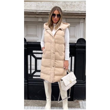 Beige Quilted 3/4 Gilet With Hood